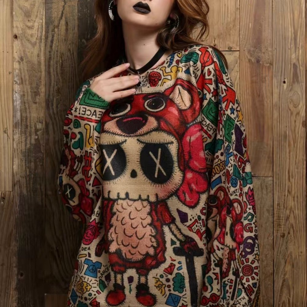 Womens Sweater With Multicolored Designs Medium M Stretch Round Neck Print Logo